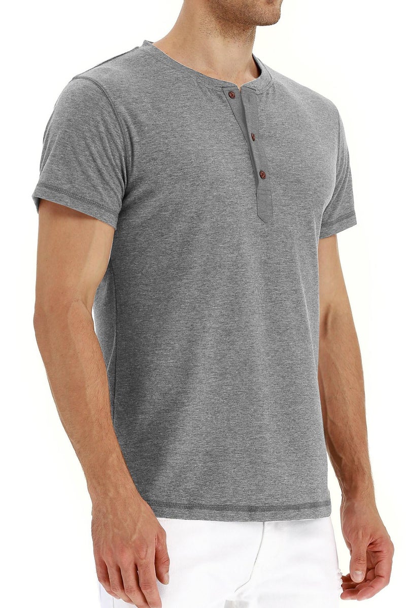 PEGENO Men's Casual Slim Fit Short Sleeve Henley T-Shirts Cotton Shirts Gray-US M - Image 2